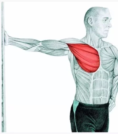 90°,手抓门框,身体重心缓慢向前施压,注意肩外展90°牵拉的是胸大肌