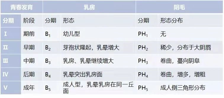 表1女性乳房,阴毛发育的tanner分期生长发育的速度存在个体差异,性